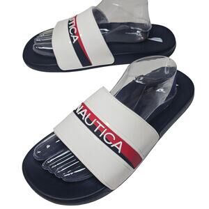 NAUTICA Slides Sz10 Men's Slippers. White Navy n Red. Comfy. Cruise. Travel.